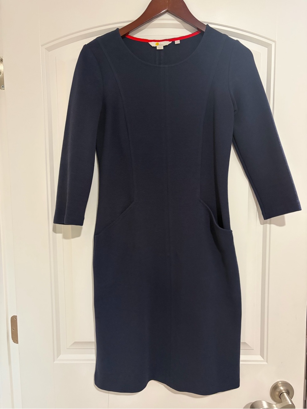 Boden Navy Long-Sleeve Sheath Dress with Red Neckline Trim